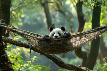 Obraz premium A panda rests in a hammock strung between two sturdy trees in a lush, green forest that enhances the panda's peaceful solitude