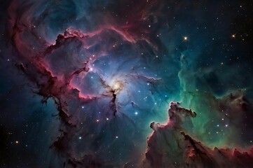 Endless space background nebulas and clouds in purple and blue design, stars, planets and orbits in astronomical illustration