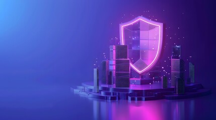 Fototapeta premium Futuristic digital shield protecting data with neon lights. Concept of cybersecurity and information protection in a virtual environment.