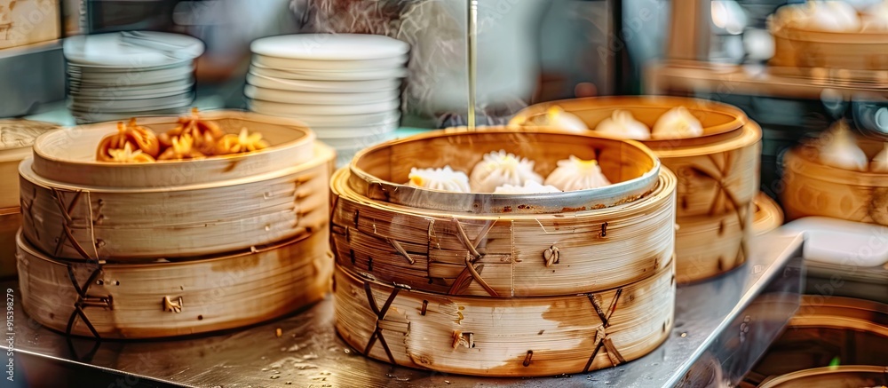 Poster chinese cuisine steamed dim sum in a traditional bamboo steamer. with copy space image. place for ad