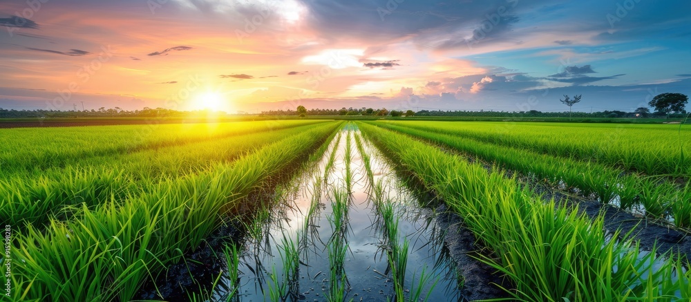 Fototapete Spring paddy field filled with water that mirrors the setting sun. with copy space image. Place for adding text or design