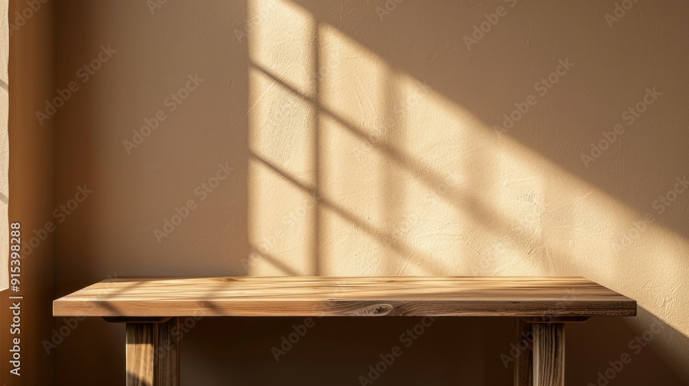 Poster a wooden table with a window in the background