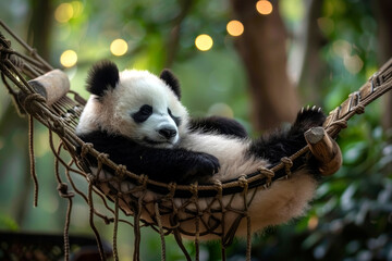 Fototapeta premium A panda rests in a hammock strung between two sturdy trees in a lush, green forest that enhances the panda's peaceful solitude