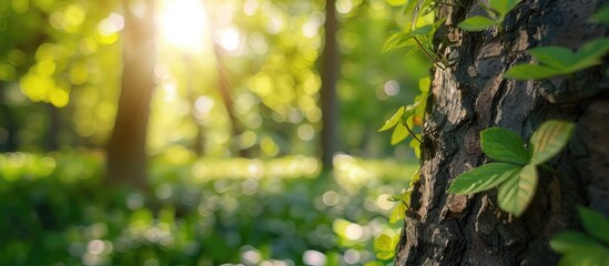 Obraz premium Whitewashed bark of a tree in a sunny orchard garden against a blurred green copyspace background