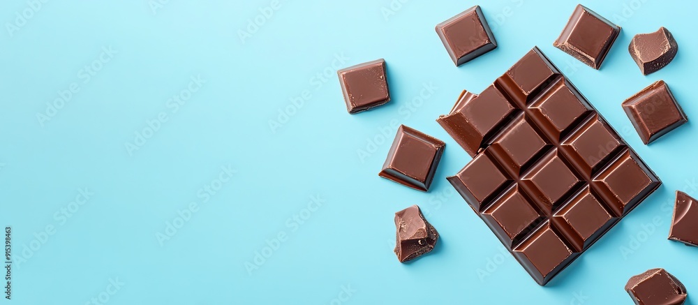 Leinwandbilder delicious chocolate bar pieces on a light blue background top view room for text. with copy space im