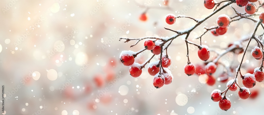 Leinwandbilder Hawthorn berry against a light background featuring snow and a Bokeh effect. with copy space image. Place for adding text or design
