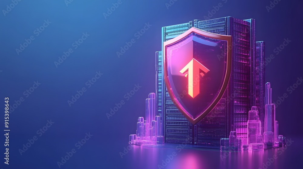 Poster futuristic digital shield with neon glow symbolizing cybersecurity and protection in a high-tech env