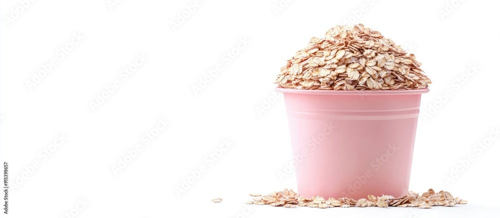 Aufkleber heap of oat flakes in a pink bucket on a white background copy space