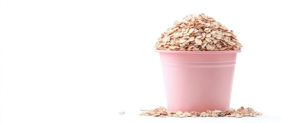 Heap of oat flakes in a pink bucket on a white background Copy space