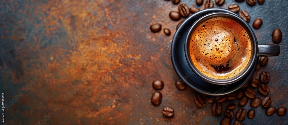 Poster strong italian black coffee dark backdrop. with copy space image. place for adding text or design