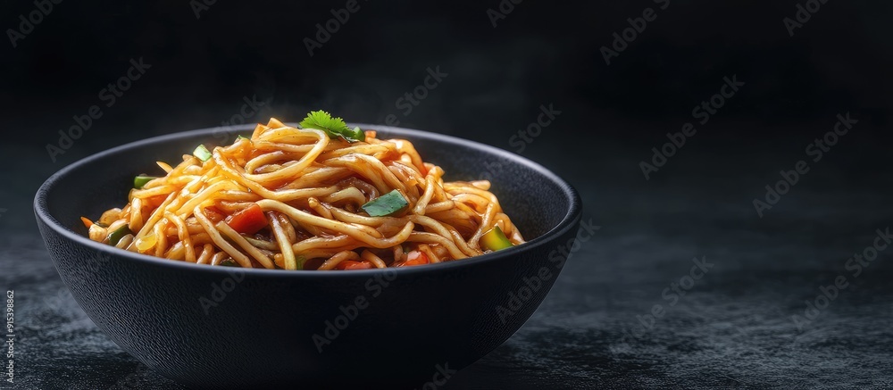 Poster chicken schezwan noodles also known as hakka or chow mein are presented in a black bowl against a da