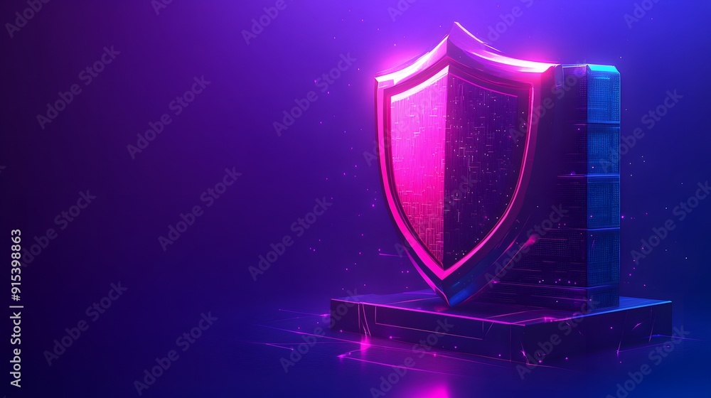 Poster futuristic glowing shield icon symbolizing cybersecurity and data protection in modern technology on