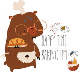 Cute cartoon funny bear with homemade cake. Vector illustration