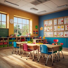 Fototapeta premium Bright school classroom with all chair facing forward, Vintage school interior, empty school classroom without young student and blurry view of elementary class room no kid or teacher