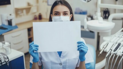 Obraz premium Female dentist holding an empty white sheet in a modern dental office, wearing protective gloves, medical mask, and white coat.