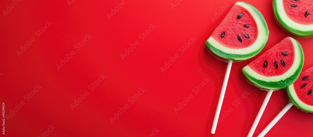 Aufkleber Watermelon slice shaped lollipops on a red background. with copy space image. Place for adding text or design