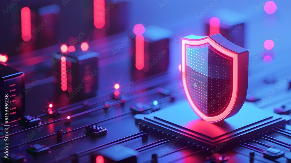 Poster futuristic illustration of a digital shield protecting a microchip on a glowing circuit board, symbo