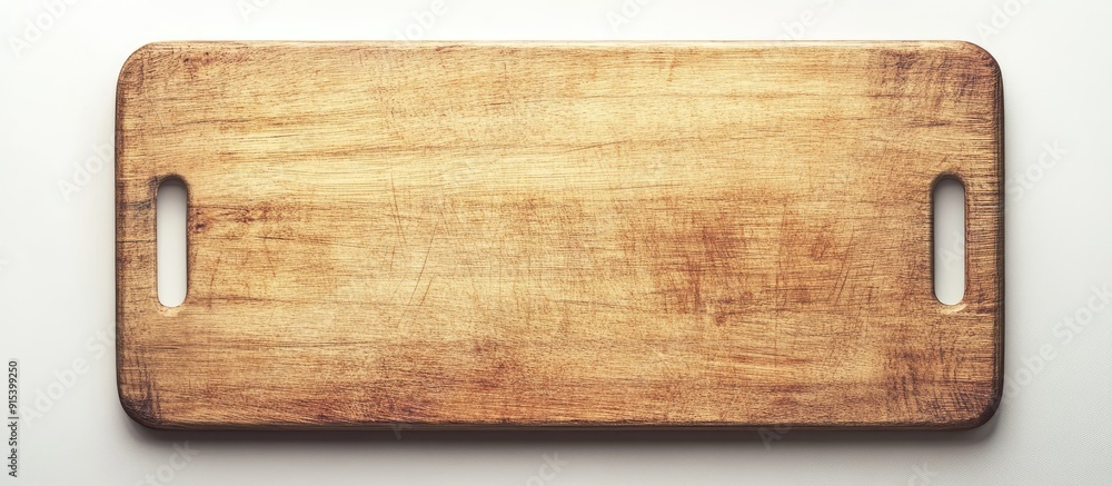 Poster light wooden cutting board set against a white background. with copy space image. place for adding t