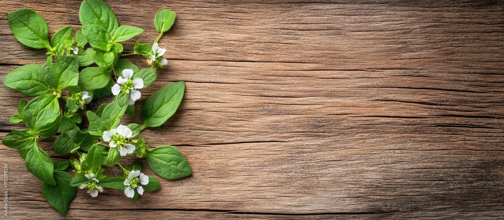 Aufkleber fresh oregano blossoms leaves on aged wooden table close up. with copy space image. place for adding