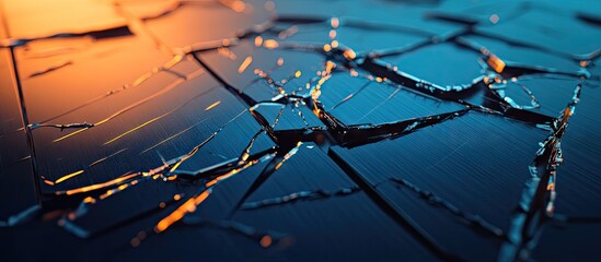 Close up of cracked or split defect solar panel pieces tinted blue. with copy space image. Place for adding text or design