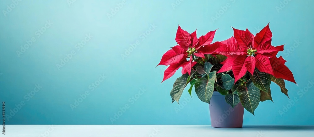 Poster Beautiful Christmas arrangement featuring a poinsettia on a colored background. with copy space image. Place for adding text or design