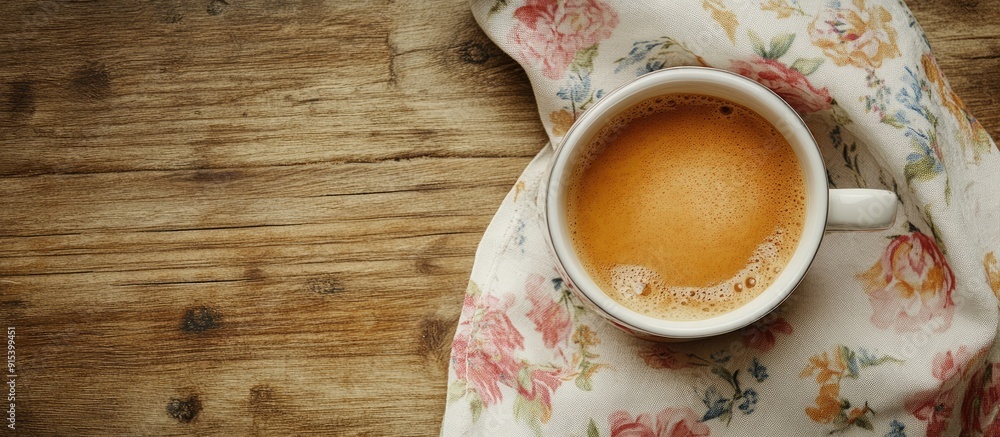 Aufkleber coffee cup on a floral cloth napkin placed on a bare wooden surface top view with space for your tex