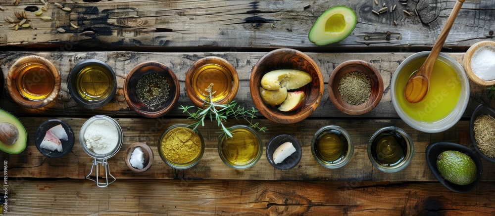 Fototapete Various cooking oils and ingredients arranged on a wooden table Area for text. with copy space image. Place for adding text or design