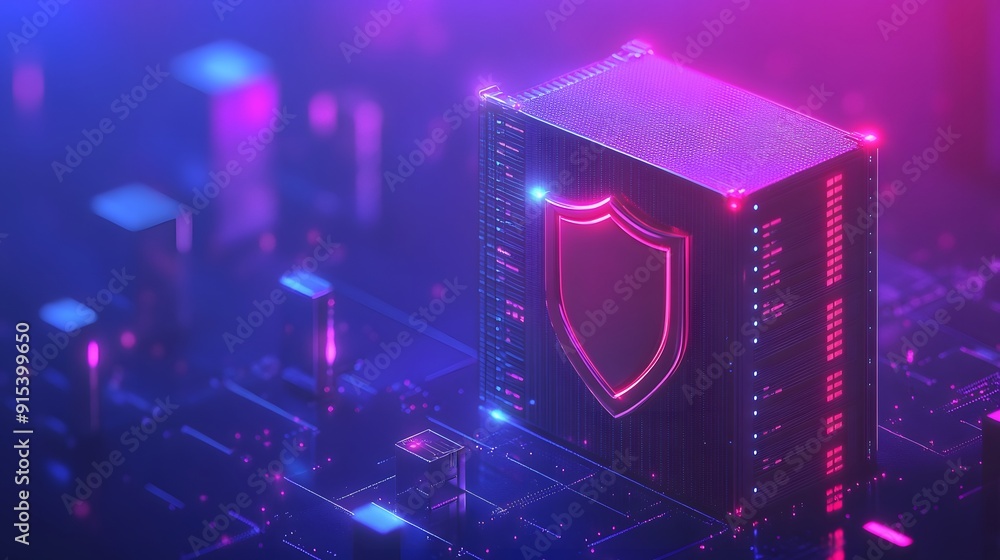 Poster futuristic portrayal of cyber security with a glowing shield symbol on a microchip, representing mod