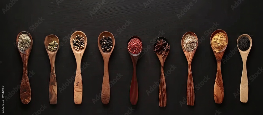 Poster wooden spoons alongside different spices on a black background. with copy space image. place for add