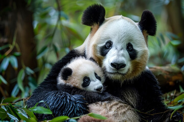 Obraz premium A tender scene of a baby panda nestling next to its mother. The mother panda holds the baby in a loving embrace against a bamboo forest backdrop
