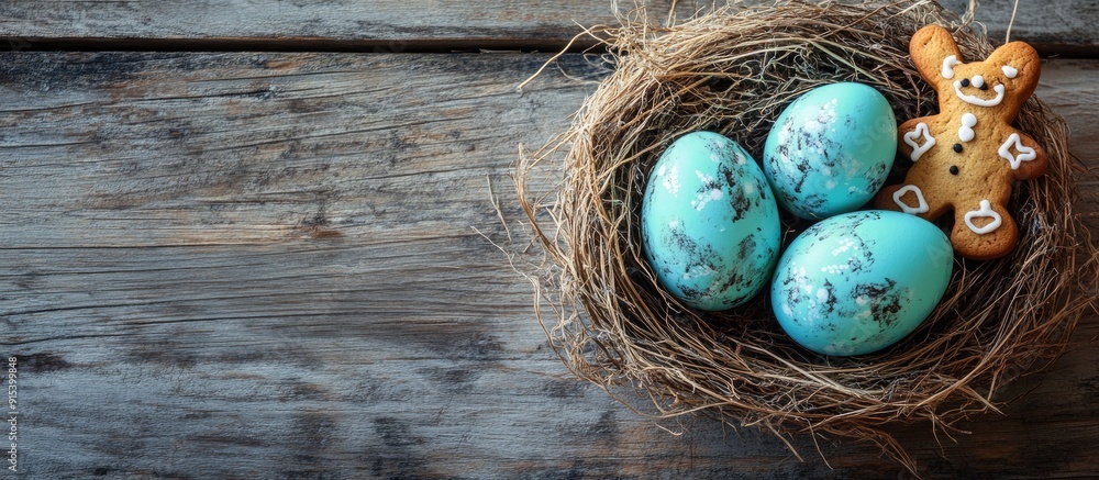 Poster easter decoration idea turquoise painted quail eggs in a natural nest alongside whimsical gingerbrea