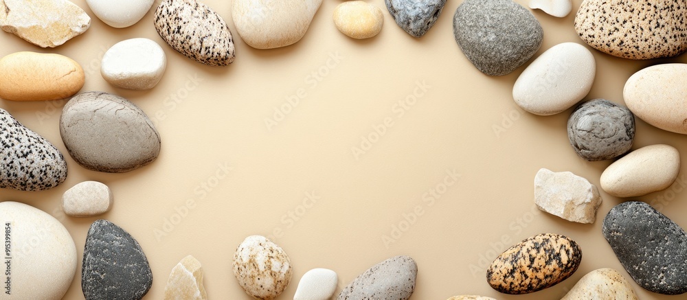 Poster Numerous pebble stones on a beige background. with copy space image. Place for adding text or design