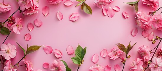 Fototapeta premium Flower arrangement Spring or summer backdrop fresh bird cherry flowers on a pink background Flat lay top view copyspace Image