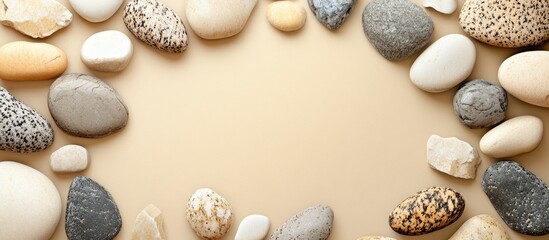 Obraz premium Numerous pebble stones on a beige background. with copy space image. Place for adding text or design