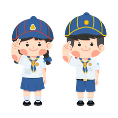 Cute Kid girl and boy scout thai uniform