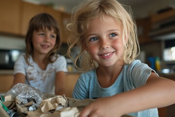 In a warm kitchen setting, two smiling sisters enthusiastically engage in a recycling task, sorting through materials and enjoying their time together.