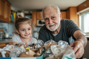 In a homey kitchen environment, a grandfather and granddaughter delight in a recycling activity, sharing smiles and laughter, and building lasting memories.