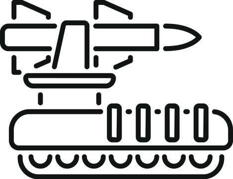 recommend clip art: Line art icon of a missile launcher system mounted on a tracked vehicle platform, emphasizing military technology and defense