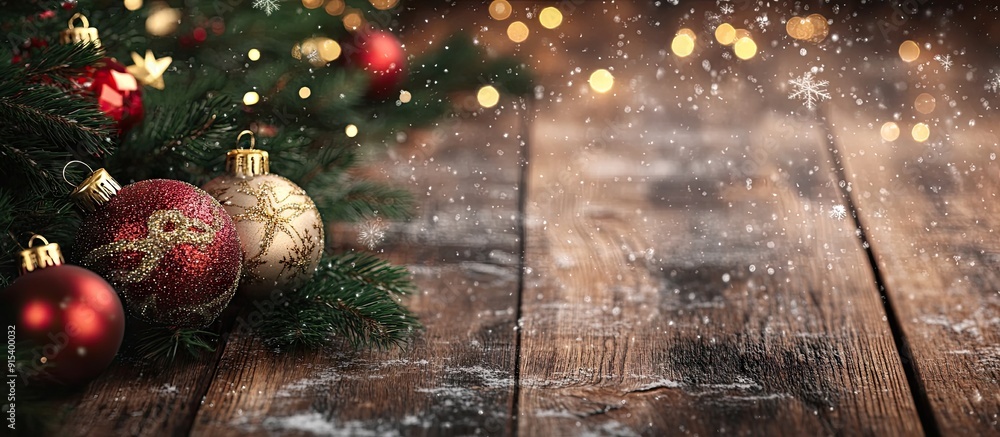 Poster Christmas Decor on a Wooden Background. with copy space image. Place for adding text or design