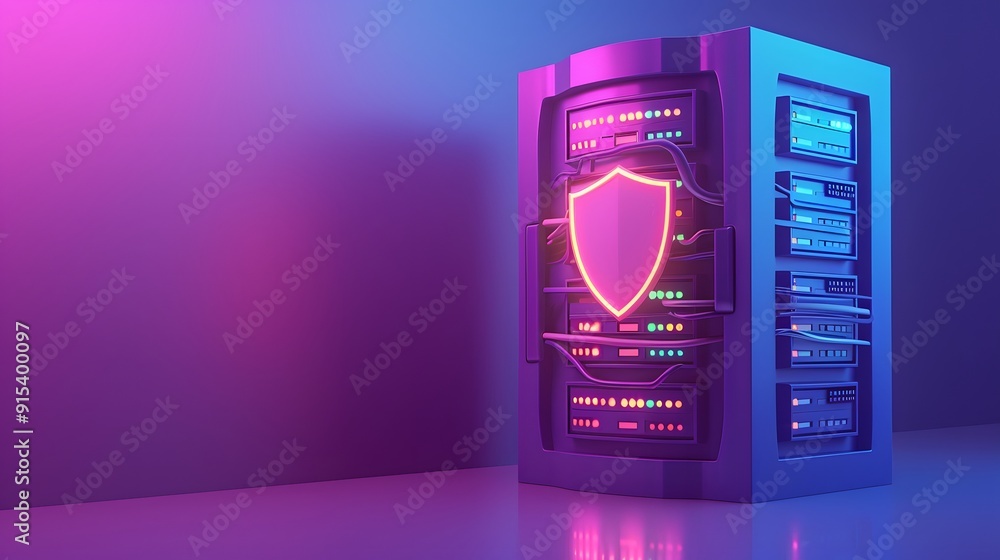 Poster futuristic server rack with glowing shield symbolizing cyber security and data protection in a neon-