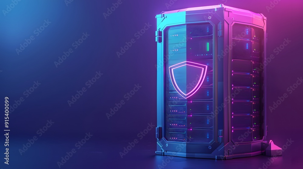 Aufkleber futuristic server rack with neon lights and security shield icon, symbolizing cybersecurity and data