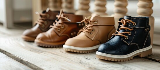 A pair of vintage leather shoes for children against a light white background. with copy space image. Place for adding text or design