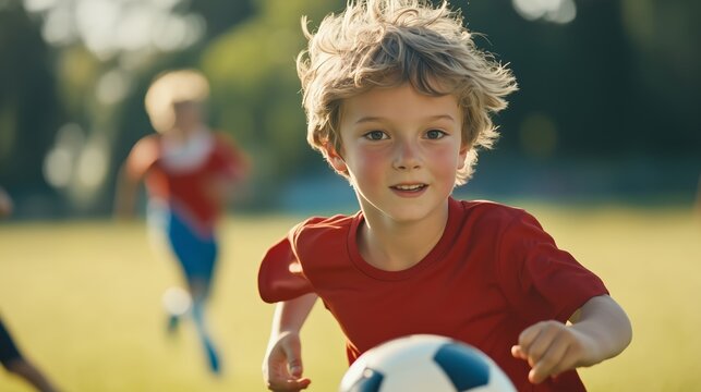 Young boy in red shirt playing soccer on a sunny day in the park
