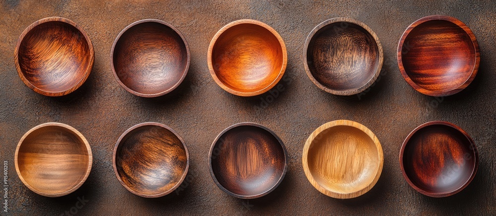 Poster a selection of empty wooden bowls on a brown textured background top view flat lay copy space