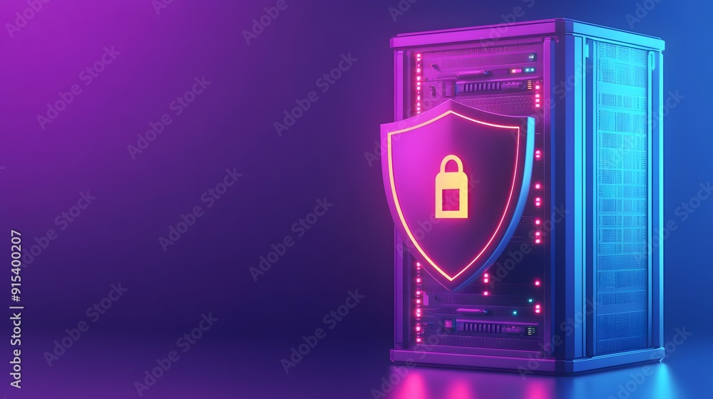 Poster futuristic server room with a glowing shield icon representing cybersecurity and data protection aga