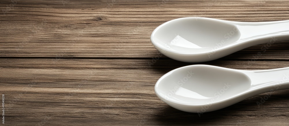 Fototapete Clean empty ceramic appetizer spoons on a wooden background with space for text. with copy space image. Place for adding text or design