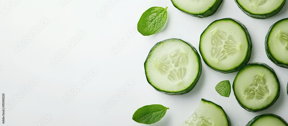 Poster A sliced cucumber on a white background. with copy space image. Place for adding text or design