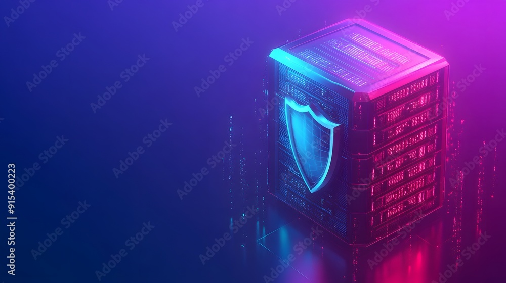 Aufkleber futuristic server room with a glowing shield icon symbolizing cybersecurity and data protection in a
