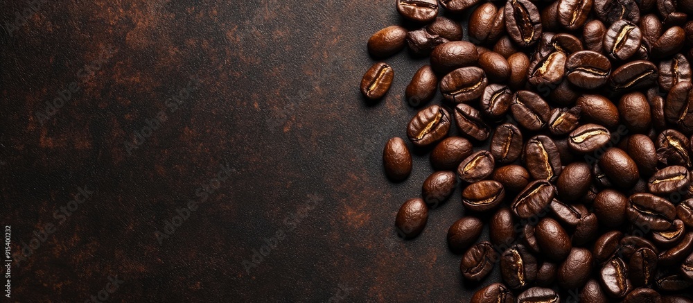 Poster Brown roasted coffee beans seeds on a dark background. with copy space image. Place for adding text or design