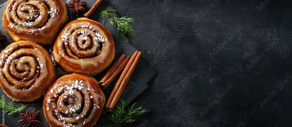 Poster homemade cinnamon buns with glaze on a dark table dark background copy space viewed from above
